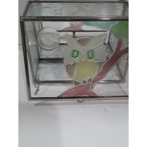 Vintage Jewelry Box with Owl and Moon, Etched Glass